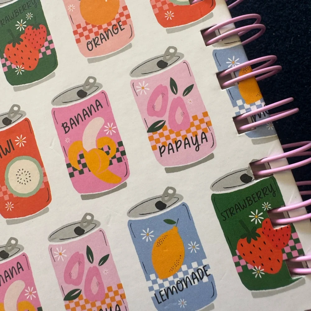 Colorful sodaThemed spiral Notebook and checkered pink/white Pen Set-so cute💕
